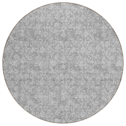 8' Silver And Ivory Round Floral Washable Indoor Outdoor Area Rug