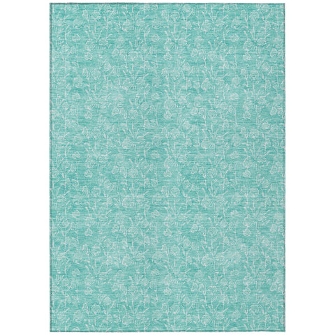 8' X 10' Teal Blue And Ivory Floral Washable Indoor Outdoor Area Rug