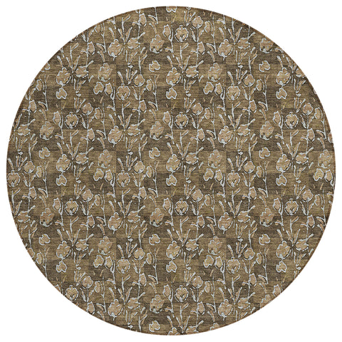 8' Brown And Ivory Round Floral Washable Indoor Outdoor Area Rug