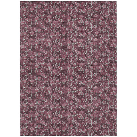 5' X 8' Merlot Mauve And Ivory Floral Washable Indoor Outdoor Area Rug