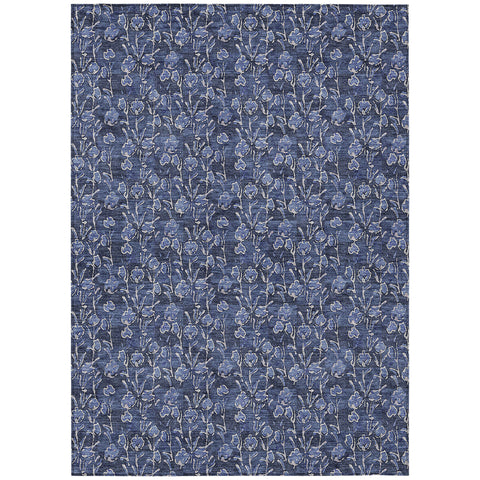 3' X 5' Navy Blue Denim Blue And Ivory Floral Washable Indoor Outdoor Area Rug
