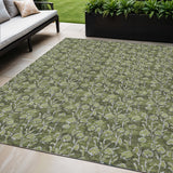 5' X 8' Olive Green Artichoke Green And Ivory Floral Washable Indoor Outdoor Area Rug