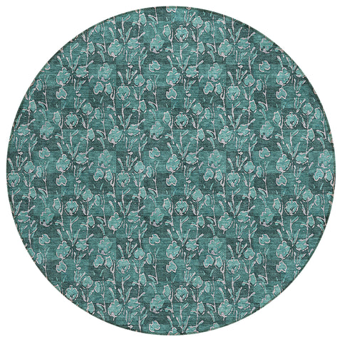 8' Teal Blue Aqua And Ivory Round Floral Washable Indoor Outdoor Area Rug