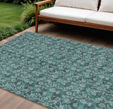 8' X 10' Teal Blue Aqua And Ivory Floral Washable Indoor Outdoor Area Rug