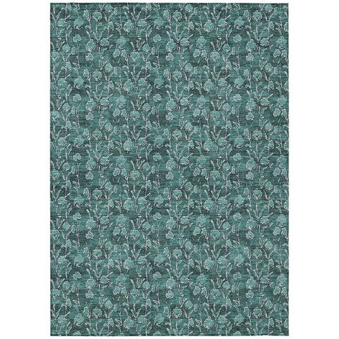 8' X 10' Teal Blue Aqua And Ivory Floral Washable Indoor Outdoor Area Rug