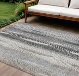 8' X 10' Khaki Ivory And Gray Botanical Leaves Washable Indoor Outdoor Area Rug