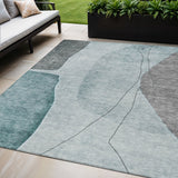 5' X 8' Teal Blue Aqua And Gray Abstract Washable Indoor Outdoor Area Rug