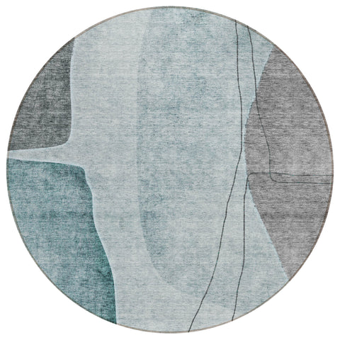 8' Teal Blue Aqua And Gray Round Abstract Washable Indoor Outdoor Area Rug
