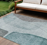 8' X 10' Teal Blue Aqua And Gray Abstract Washable Indoor Outdoor Area Rug
