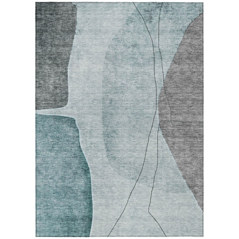 8' X 10' Teal Blue Aqua And Gray Abstract Washable Indoor Outdoor Area Rug