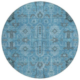 8' Sky Blue And Gray Round Oriental Washable Indoor Outdoor Area Rug