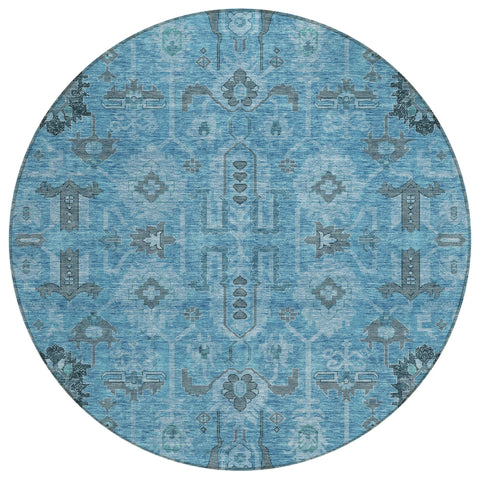 8' Sky Blue And Gray Round Oriental Washable Indoor Outdoor Area Rug