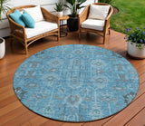 8' Sky Blue And Gray Round Oriental Washable Indoor Outdoor Area Rug