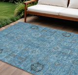 8' X 10' Sky Blue And Gray Oriental Washable Indoor Outdoor Area Rug