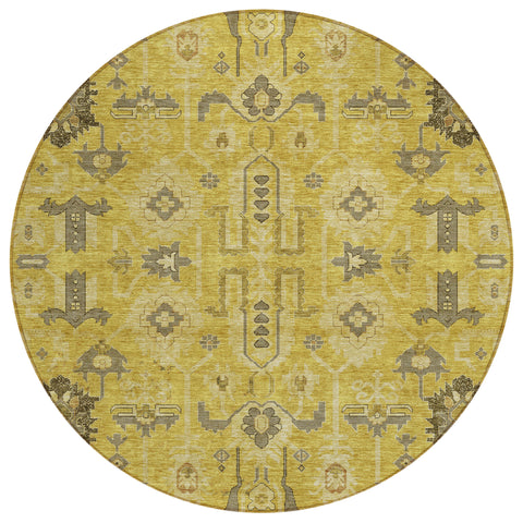 8' Gold Wheat And Gray Round Oriental Washable Indoor Outdoor Area Rug