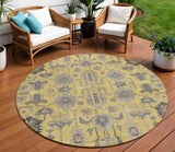 8' Yellow Gray And Charcoal Round Oriental Washable Indoor Outdoor Area Rug
