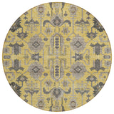 8' Yellow Gray And Charcoal Round Oriental Washable Indoor Outdoor Area Rug