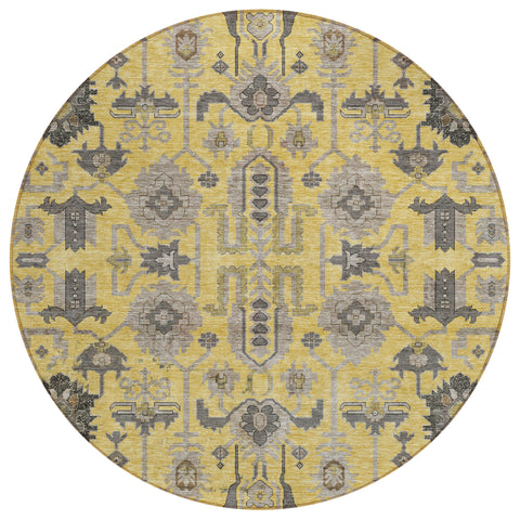 8' Yellow Gray And Charcoal Round Oriental Washable Indoor Outdoor Area Rug