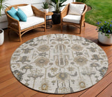 8' Ivory Beige And Taupe Round Oriental Washable Indoor Outdoor Area Rug