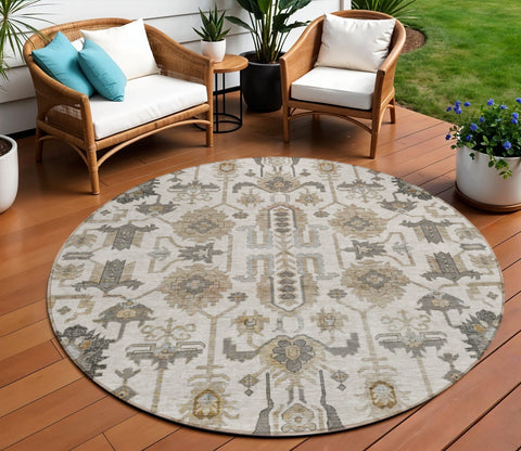 8' Ivory Beige And Taupe Round Oriental Washable Indoor Outdoor Area Rug
