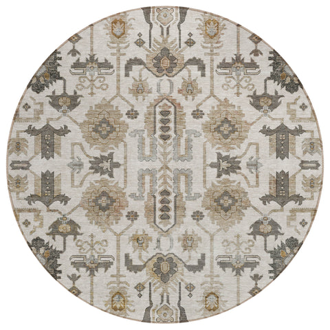8' Ivory Beige And Taupe Round Oriental Washable Indoor Outdoor Area Rug
