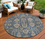 8' Navy Blue Beige And Taupe Round Oriental Washable Indoor Outdoor Area Rug