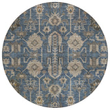 8' Navy Blue Beige And Taupe Round Oriental Washable Indoor Outdoor Area Rug