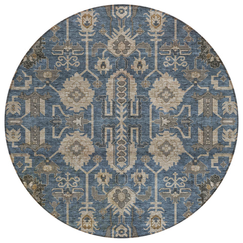8' Navy Blue Beige And Taupe Round Oriental Washable Indoor Outdoor Area Rug
