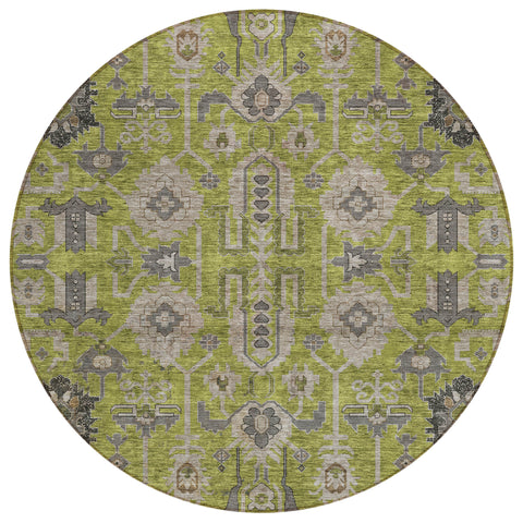 8' Olive Green Gray And Charcoal Round Oriental Washable Indoor Outdoor Area Rug