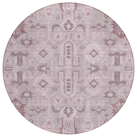 8' Pink Mauve And Blush Round Oriental Washable Indoor Outdoor Area Rug