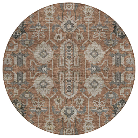 8' Brown Gray And Charcoal Round Oriental Washable Indoor Outdoor Area Rug