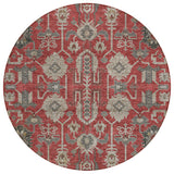 8' Red Beige And Charcoal Round Oriental Washable Indoor Outdoor Area Rug