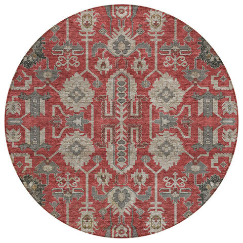 8' Red Beige And Charcoal Round Oriental Washable Indoor Outdoor Area Rug