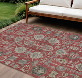 8' X 10' Red Beige And Charcoal Oriental Washable Indoor Outdoor Area Rug