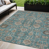 5' X 8' Teal Blue Aqua And Beige Oriental Washable Indoor Outdoor Area Rug