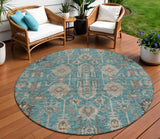 8' Teal Blue Aqua And Beige Round Oriental Washable Indoor Outdoor Area Rug