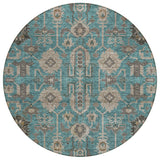 8' Teal Blue Aqua And Beige Round Oriental Washable Indoor Outdoor Area Rug