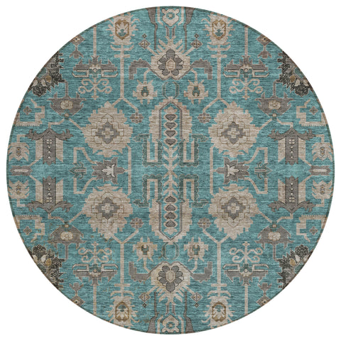 8' Teal Blue Aqua And Beige Round Oriental Washable Indoor Outdoor Area Rug