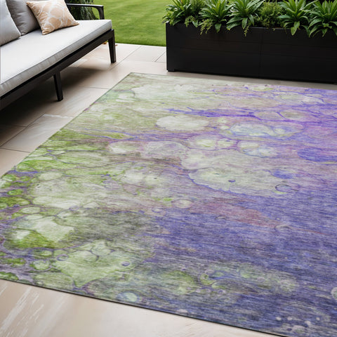 5' X 8' Purple Lilac And Artichoke Green Abstract Washable Indoor Outdoor Area Rug