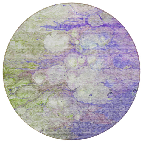 8' Purple Lilac And Artichoke Green Round Abstract Washable Indoor Outdoor Area Rug