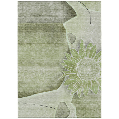 3' X 5' Artichoke Green And Gray Floral Washable Indoor Outdoor Area Rug