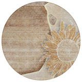 8' Brown Beige And Taupe Round Floral Washable Indoor Outdoor Area Rug