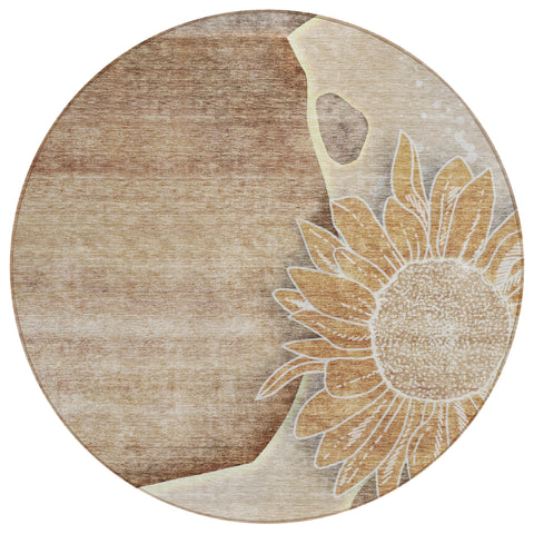 8' Brown Beige And Taupe Round Floral Washable Indoor Outdoor Area Rug