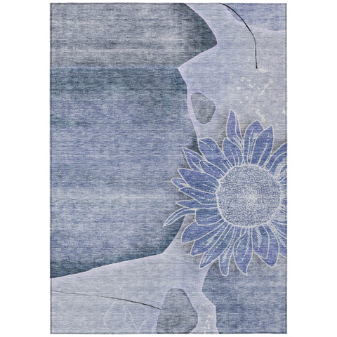 3' X 5' Sky Blue And Indigo Floral Washable Indoor Outdoor Area Rug