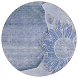8' Sky Blue And Indigo Round Floral Washable Indoor Outdoor Area Rug