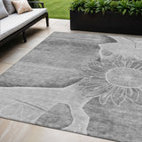 5' X 8' Gray Silver And Charcoal Floral Washable Indoor Outdoor Area Rug