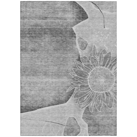 5' X 8' Gray Silver And Charcoal Floral Washable Indoor Outdoor Area Rug