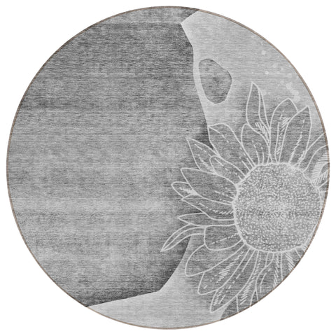 8' Gray Silver And Charcoal Round Floral Washable Indoor Outdoor Area Rug