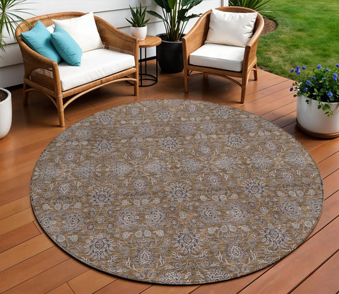 8' Chocolate And Gray Round Floral Washable Indoor Outdoor Area Rug