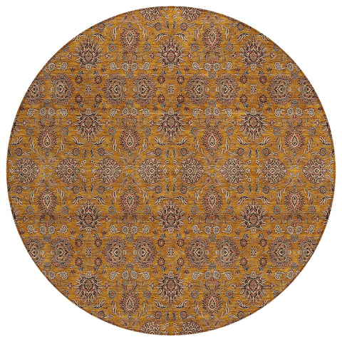 8' Copper Beige And Taupe Round Floral Washable Indoor Outdoor Area Rug